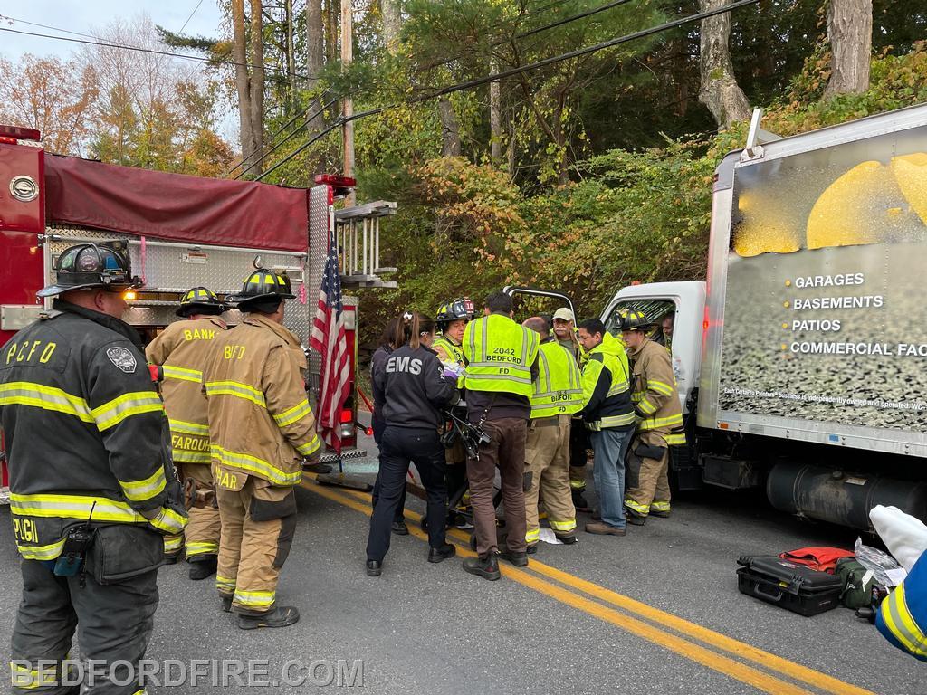 Greenwich Rd. Armonk, Banksville and Bedford Crews working together to extricate the driver of a box truck 11/2021